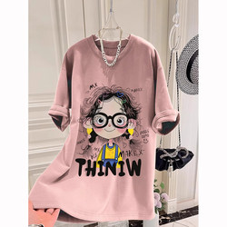 Plus Size 150kg Chubby Girl Cartoon Cotton Short-Sleeve T-Shirt for Women, New Summer Loose Mid-Length Top for Women