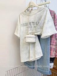 American Retro Tie-Dye Short-Sleeved T-Shirt for Women in Summer 2025 New Large Size Loose Design Letter Print Top