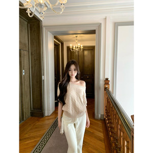 
GYOKUU [pine tea cocoa] pure wool/linen cotton blended one-shoulder half-sleeve knitted sweater