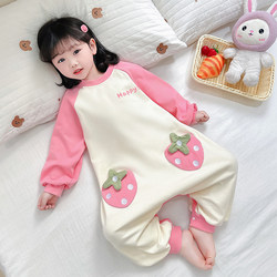 Girls' One-Piece Pajamas for Spring and Autumn, Pure Cotton, Class A, Little Girls, Babies, Children's Home Clothes, Anti-Cold, Baby Sleeping Bag