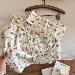 Children's Short-Sleeve Shirt for Boys, Thin Summer Clothing, Unisex Hong Kong Style Half-Sleeve Shirt with Full Print of Cute Dogs, Stylish and Trendy