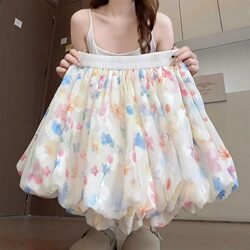 Chiffon Floral Puff Shorts for Women, Summer Plus-Size, Petite High-Waisted Loose Casual Wide-Leg Skirt Pants