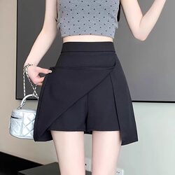 Elegant Plus-Size High-Waisted Slimming Black Skirt for Petite Women, Summer Slit A-Line Skirt Shorts