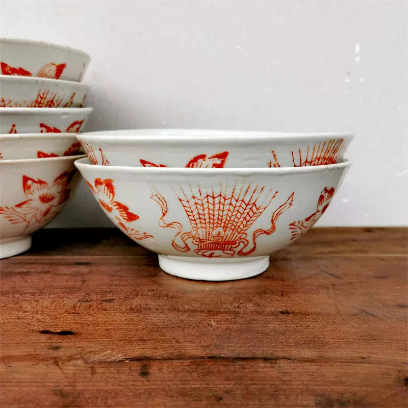 【美品】古中国　大碗 567瓷器印花描金四季丰收碗中国醴陵出口瓷厂老古玩怀旧收藏真品