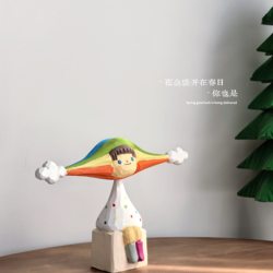 Spring Healing Rainbow Girl Wood Carving Original Handmade Solid Wood Ornament Desk Home Decoration Birthday Housewarming Gift