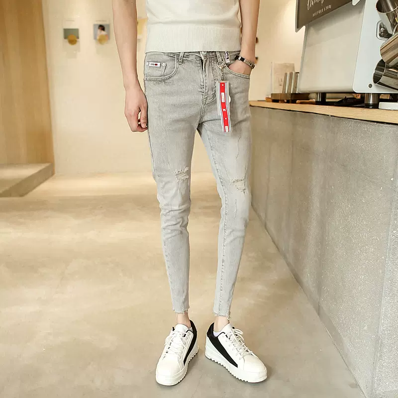 男　细腿紧身牛仔裤 小码紧身牛仔裤矮个子155男韩版修身瘦腿九分裤27码26男生八分裤-Taobao