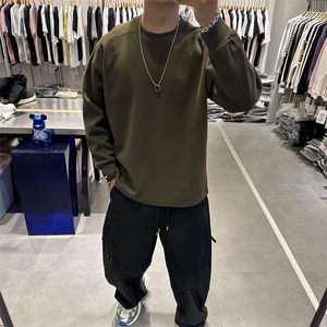 
25 autumn new heavy solid color round neck long-sleeved T-shirt men's sweatshirt trendy American loose base T-top