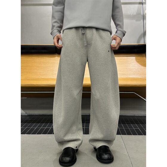 
American high-end heavyweight simple plus velvet thickened straight casual pants for men winter warm loose wide-leg scimitar sweatpants