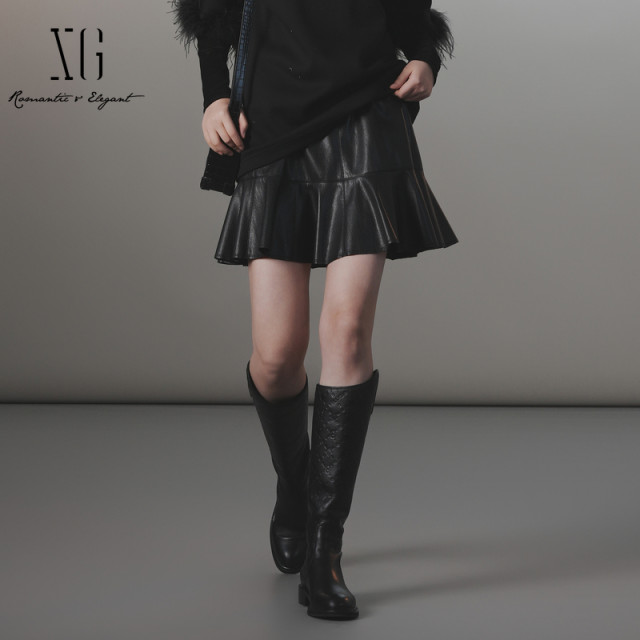XG Xue Ge 2024 winter new slim A version fish tail splicing minimalist versatile PU leather skirt XJ403021A290