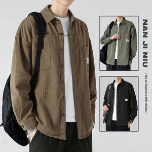 American Hong Kong style worker shirt coat male autumn and winter casual jacket tide Japanese loose casual cotton 2023 new