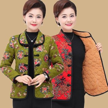 
Ethnic style mother's cotton-padded jacket with velvet buckle and elastic silk