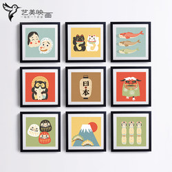 Japanese-Style Daruma Lucky Cat Carp Streamer Mascot Mount Fuji Decorative Hanging Picture with Frame