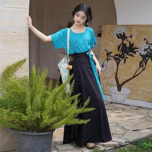 
Hua Xiangzhi’s original half-arm short shirt Tang Chuzi Tan collar summer daily commuting improved Hanfu eight-breaking skirt suit for women