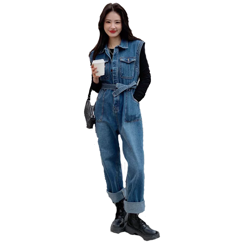 复古无袖工装牛仔连体裤女2024年春季新款宽松直筒休闲连衣裤套装-Taobao 