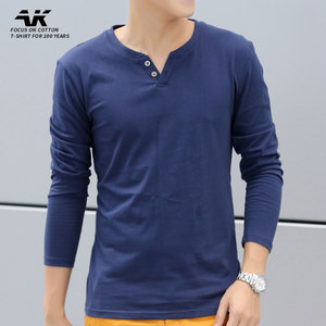 
Men's long-sleeved T-shirt V-neck buttoned white men's bottoming shirt trendy spring inner layer plus velvet autumn coat cotton top