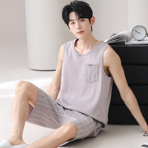 
Kazhilian pajamas men's summer pure cotton thin vest shorts striped two-piece pajamas teenager home clothing