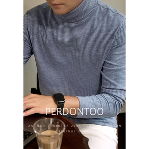 
Wool and silk turtleneck bottoming shirt for men, double-sided velvet autumn and winter thick striped long-sleeved T-shirt with stacked collar thermal jacket