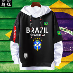 Brazil Team Uniform Neymar Football Fan Outfit Fake Two-Piece Hooded Sweatshirt Jacket for Male and Female Students