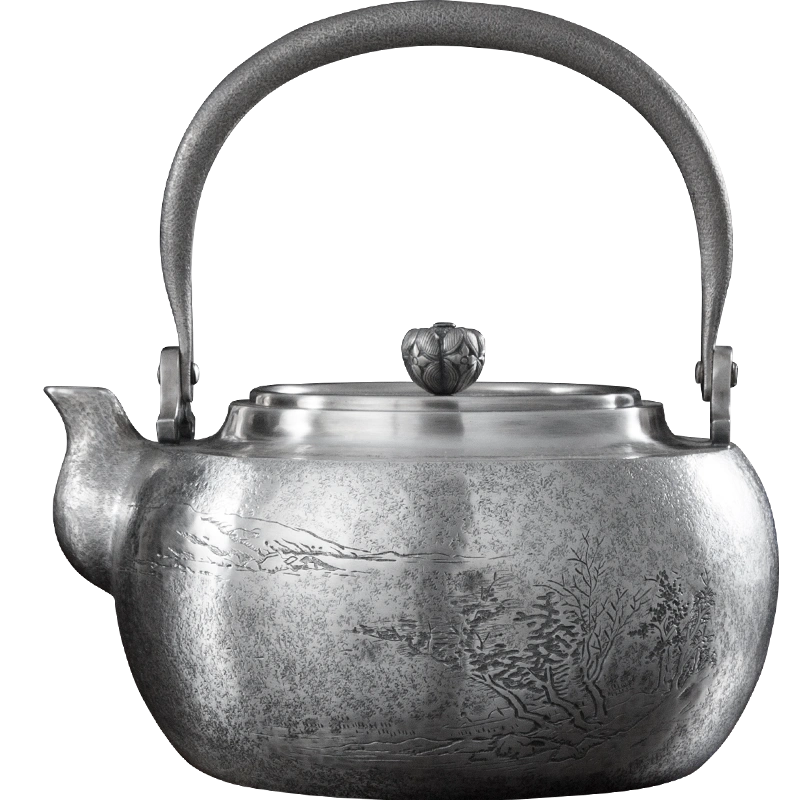 成谦茶具段六一纯手工银壶做旧明霞孤鸿提梁壶錾刻纯银烧水壶-Taobao