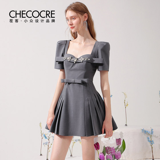 pike college style pleated dress summer playful high waist age-reducing bow temperament nail diamond square collar gray skirt