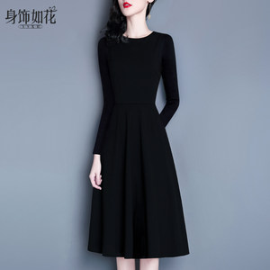 Long-sleeved black skirt 2025 spring, autumn and winter new style temperament celebrity slim A-line mid-length black base dress
