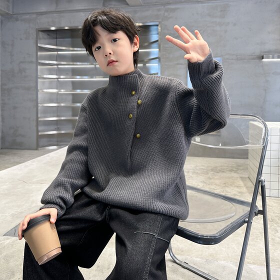 
Boys' Sweater 2025 New Medium and Large Children's Half-Turtle Collar Sweater Children's Autumn and Winter Clothing Western Style Thickened Bottoming Clothes