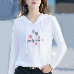 Hooded Fleece-Lined Base Shirt for Women, Long-Sleeved European Style Women's T-Shirt, Stylish Loose-Fitting Hooded White Top