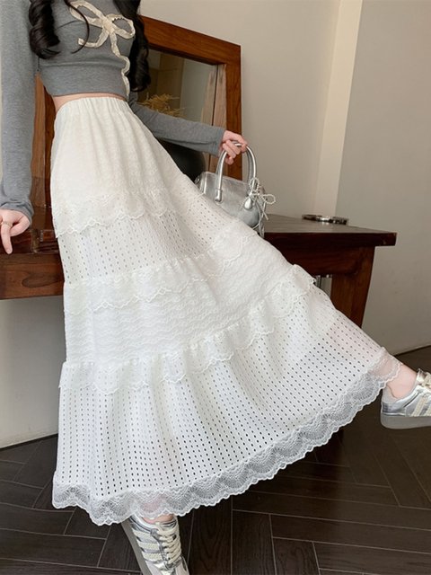 Gentle style and sweet wood ears with elasticity and slim high waist A-line cake mid-length skirt spring and autumn new women's clothing
