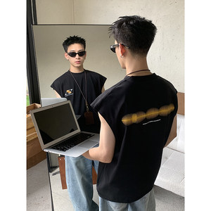 
PLTH* American retro cotton round neck waistcoat summer beach sports vest men's loose sleeveless T-shirt trendy top