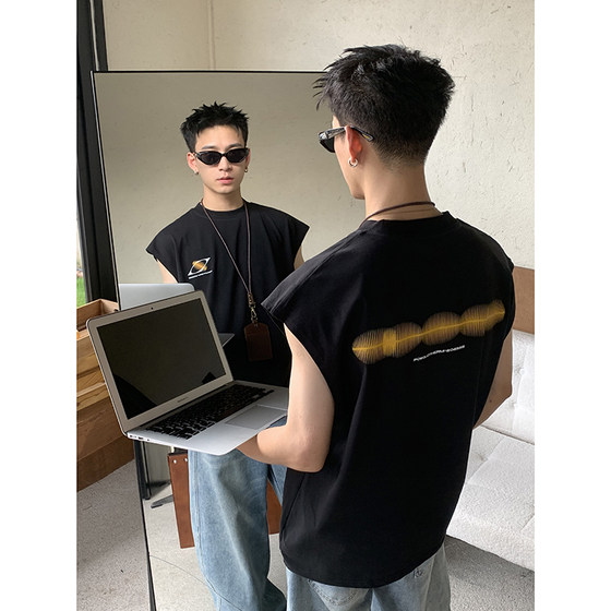 
PLTH* American retro cotton round neck waistcoat summer beach sports vest men's loose sleeveless T-shirt trendy top