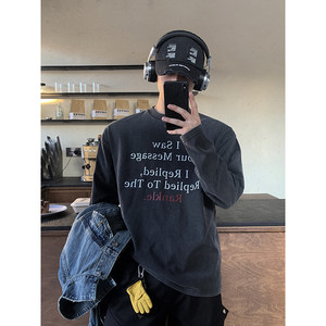 
PLTH*American retro basic cotton letter printed round neck long-sleeved T-shirt men's loose casual all-match bottoming shirt