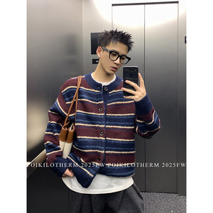 PLTH* American retro college style round neck contrast striped knitted cardigan men's winter wool sweater jacket trendy