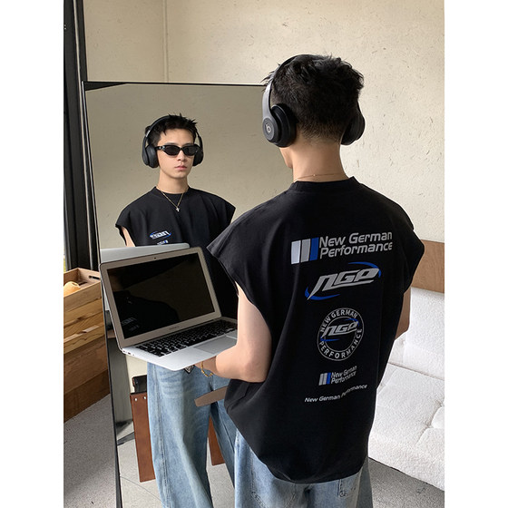 PLTH* American trendy pure cotton round neck waistcoat summer beach sports vest men's loose sleeveless T-shirt trendy top