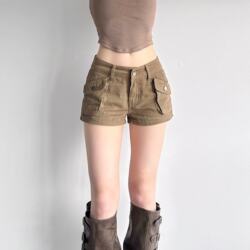 American Style Hot Girl Khaki Denim Shorts for Women, Summer Retro Versatile Slimming Workwear Style Casual Hip-Hugging Hot Pants