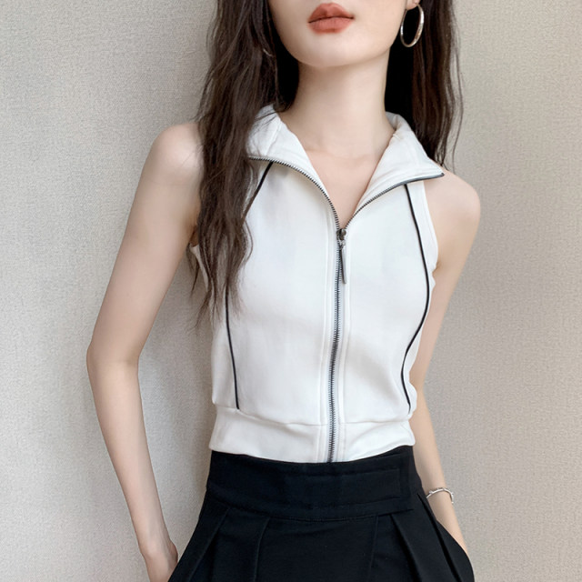 Women's halter sleeveless top 2025 spring and summer lapel pure cotton vest sports zipper sweatshirt vest short jacket
