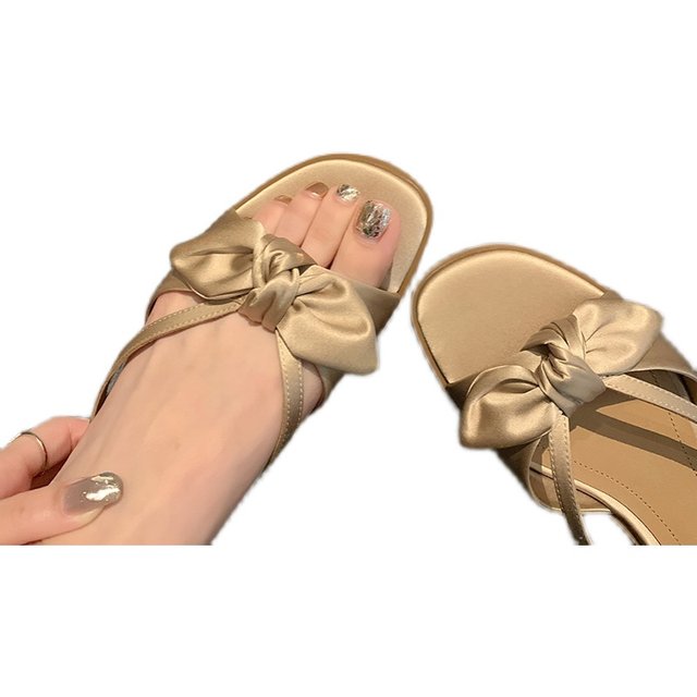 Flat Sandals 2024 Women's New Summer Gentle Fairy Style Bow Silk Square ...