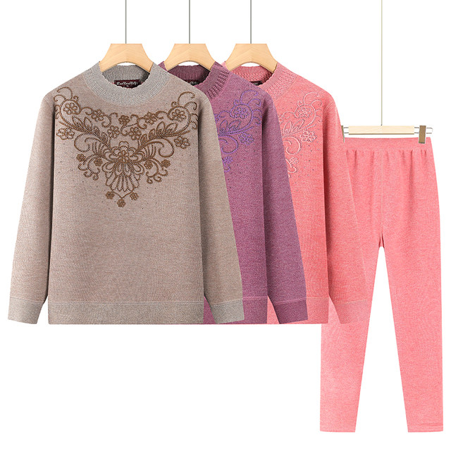 The elderly's autumn and winter thermal underwear set, grandma's winter clothing, velvet and thickened bottoming shirt, autumn clothes and long trousers for the elderly.