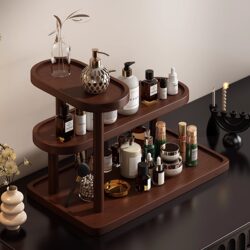 Retro Solid Wood Desktop Dressing Table, Skin Care Product Storage Rack, Multi-Layer Lipstick, Perfume and Cosmetics Storage and Organization Rack