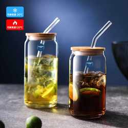 Lemeiya Transparent Glass Cup Large-Mouth Cola Cup Can-Shaped Water Cup with Lid and Straw Creative Beverage Cup