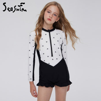 Children's swimsuits for women in summer, large children's one-piece flat horn long sleeve professional swimming training suits sweet hot spring bathing suit