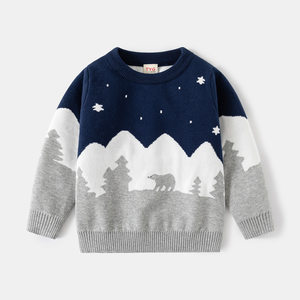 
Children's double-layer knitted cotton yarn sweater 2026 autumn and winter children's clothing boys' snow mountain bear pullover warm base layer shirt