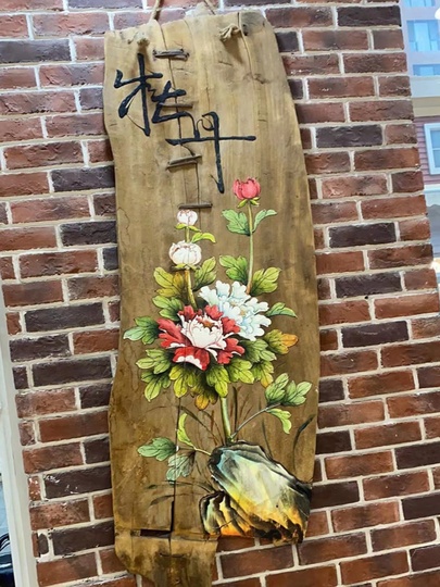 禅蓮の木製壁掛けアート - 手描きの中国風装飾