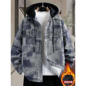 
Fake two-piece plaid denim jacket men's autumn and winter 2025 new trendy brand hooded quilted thickened warm casual jacket