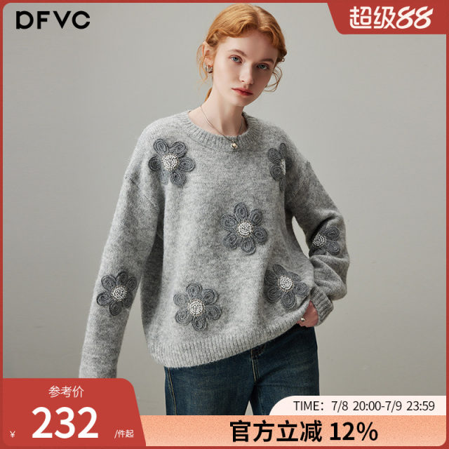 dfvc gray wool short round neck sweater for women 2025 winter new three-dimensional flower lazy style knitted sweater
