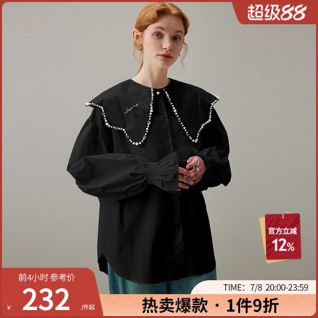 dfvc black French doll collar long sleeve shirt for women for spring 2025 new petal sleeves loose cotton top thin