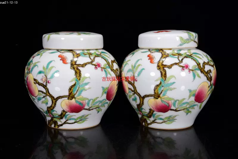 古玩古瓷器收藏大清雍正年制粉彩过墙枝八桃蝙蝠盖罐一对-Taobao