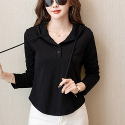 Short Hooded Button-Up Long-Sleeve T-Shirt for Petite Women, Loose Fit Top, Stylish Thin Sweatshirt for Spring and Autumn, Base Hoodie