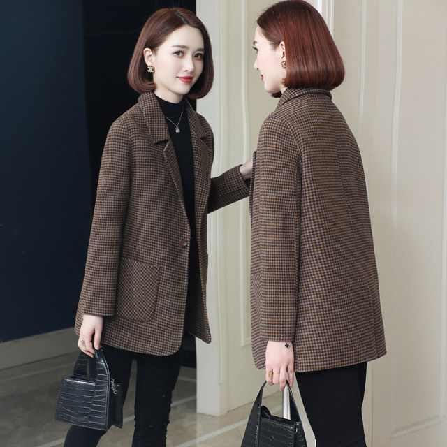 Houndstooth suit jacket for women retro middle-aged mother short style small double-sided woolen coat 2023 autumn and winter new style