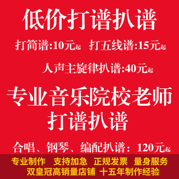 Professional musical notation production and printing, tabulation, staff, example production, song accompaniment