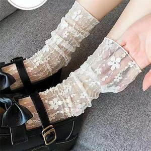 
Ballet Style Flower Lace Socks Women's White Pile Medium Stockings Lolita Mesh Thin Hollow Socks with Mary Jane